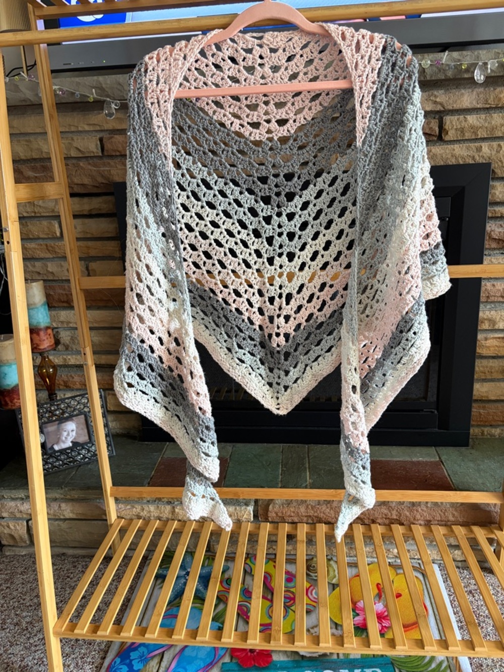 Handmade Crochet Triangle Shawl - Gray & Pale Pink Wrap